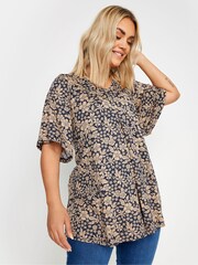 Yours Curve Navy Blue Floral Print Pleated Swing Top - Image 1 of 5