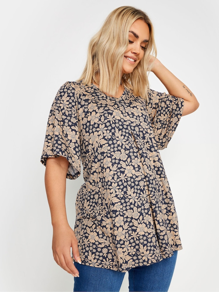 Yours Curve Navy Blue Floral Print Pleated Swing Top - Image 1 of 5