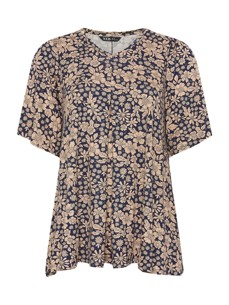 Yours Curve Navy Blue Floral Print Pleated Swing Top - Image 5 of 5