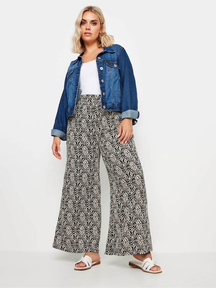 Yours Curve Black Denim Paisley Textured Wide Leg Trousers - Image 2 of 5