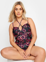 Yours Curve Black Hippie Print Halter Swimsuit - Image 1 of 7
