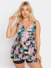 Yours Curve Black Tropical Floral Buckle Detail Fixed Strap Tankini - Image 1 of 6