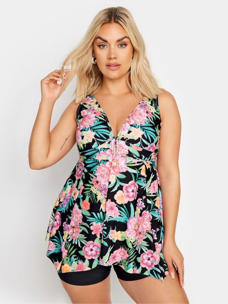 Yours Curve Black Tropical Floral Buckle Detail Fixed Strap Tankini - Image 1 of 6