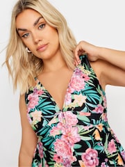 Yours Curve Black Tropical Floral Buckle Detail Fixed Strap Tankini - Image 4 of 6