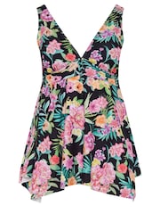 Yours Curve Black Tropical Floral Buckle Detail Fixed Strap Tankini - Image 5 of 6