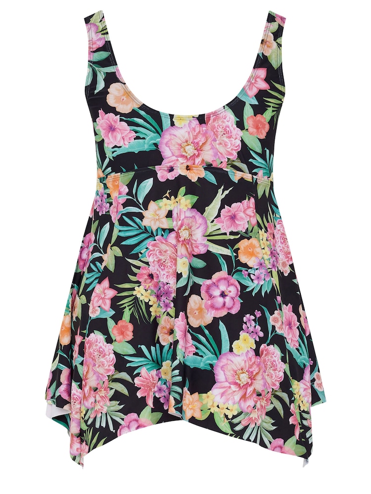 Yours Curve Black Tropical Floral Buckle Detail Fixed Strap Tankini - Image 6 of 6