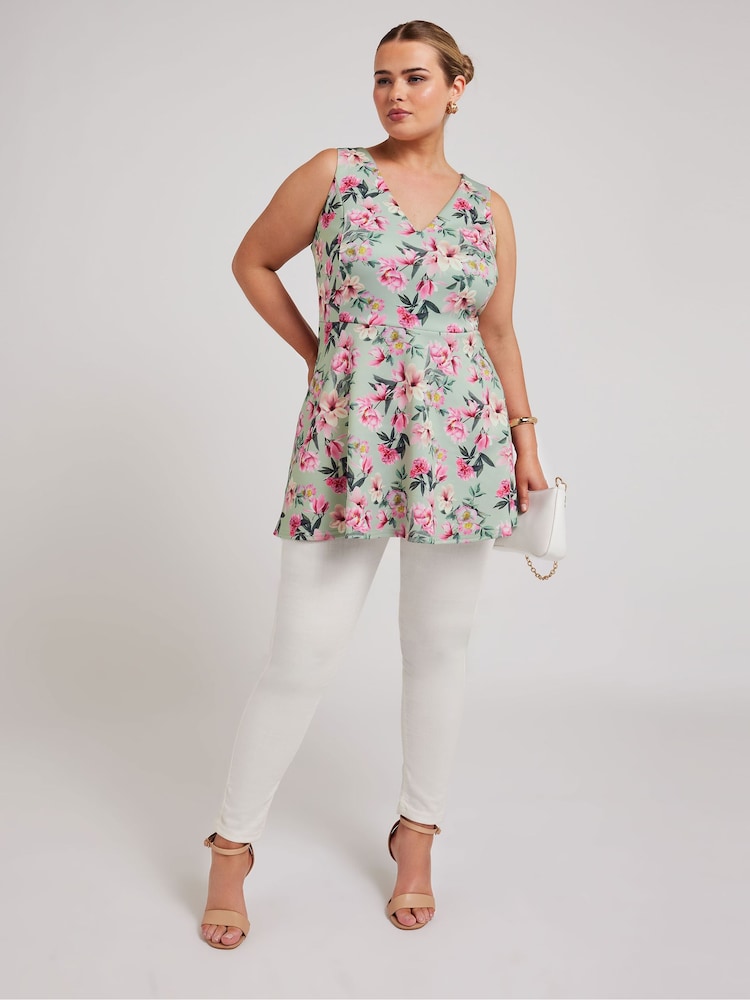 Yours Curve Green Floral Peplum Top - Image 2 of 5