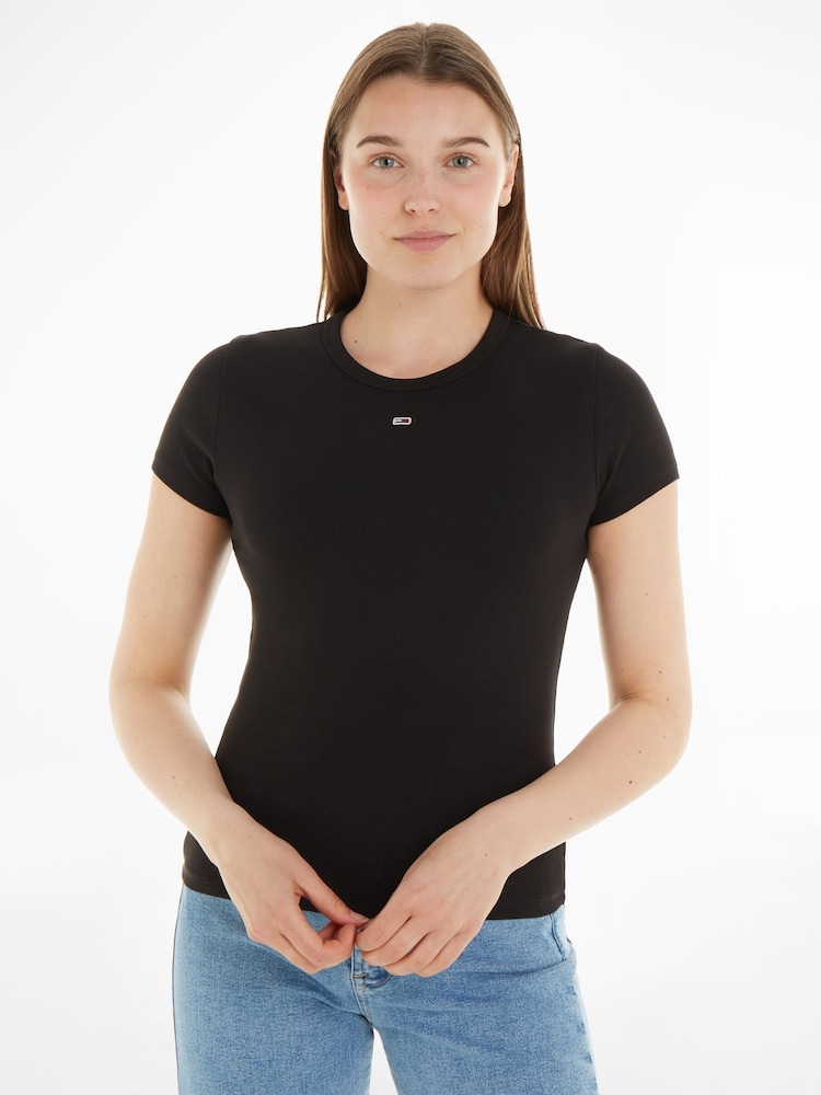 Tommy Hilfiger Black Slim Essential Rib T-Shirt - Image 1 of 4