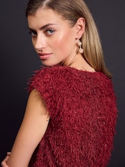 Red Short Sleeve Fluffy Top - Image 1 of 8