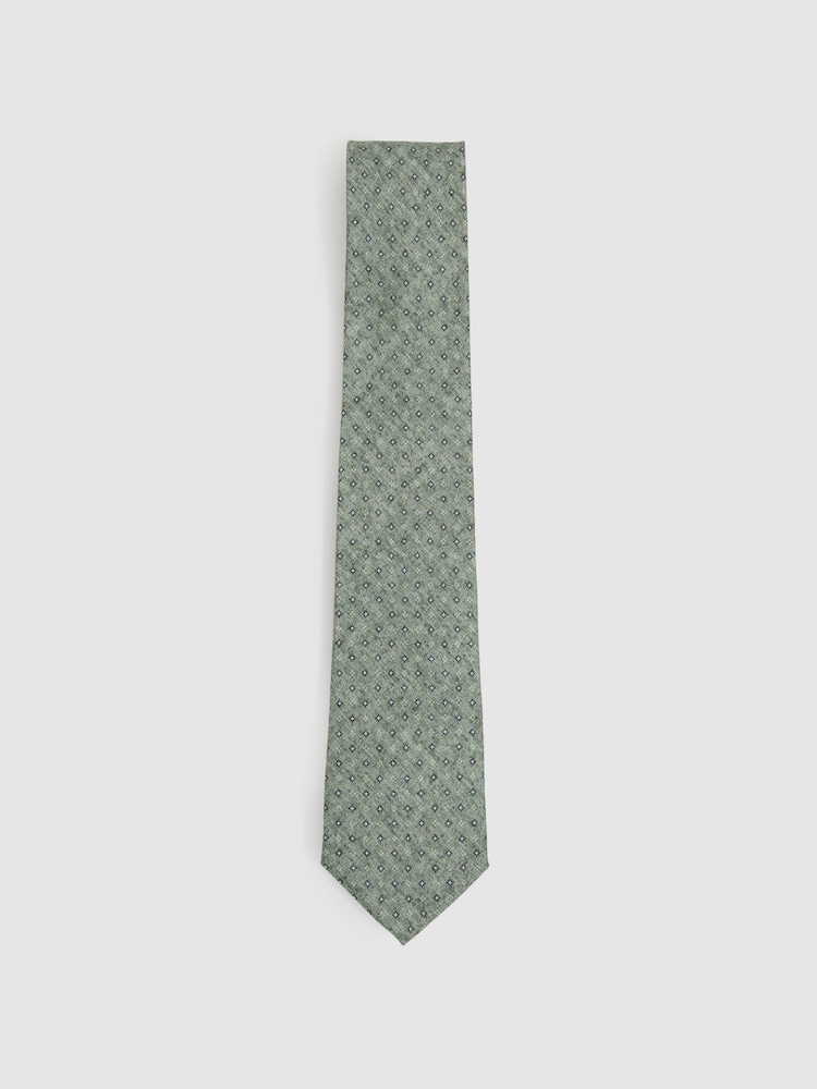 Reiss Soft Sage Albarese Silk Geometric Print Tie - Image 1 of 4