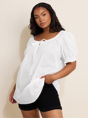 Yours Curve White Short Sleeve Dobby Boho Blouse - Image 1 of 5