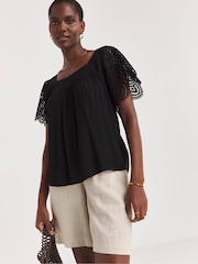 JD Williams Black Square Neck Lace Sleeve Top - Image 1 of 4