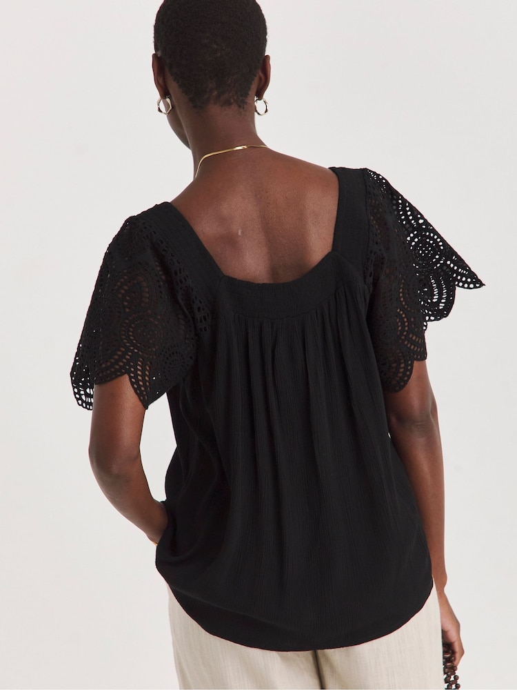 JD Williams Black Square Neck Lace Sleeve Top - Image 2 of 4
