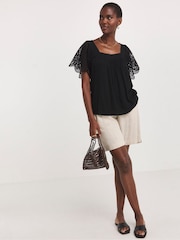 JD Williams Black Square Neck Lace Sleeve Top - Image 3 of 4