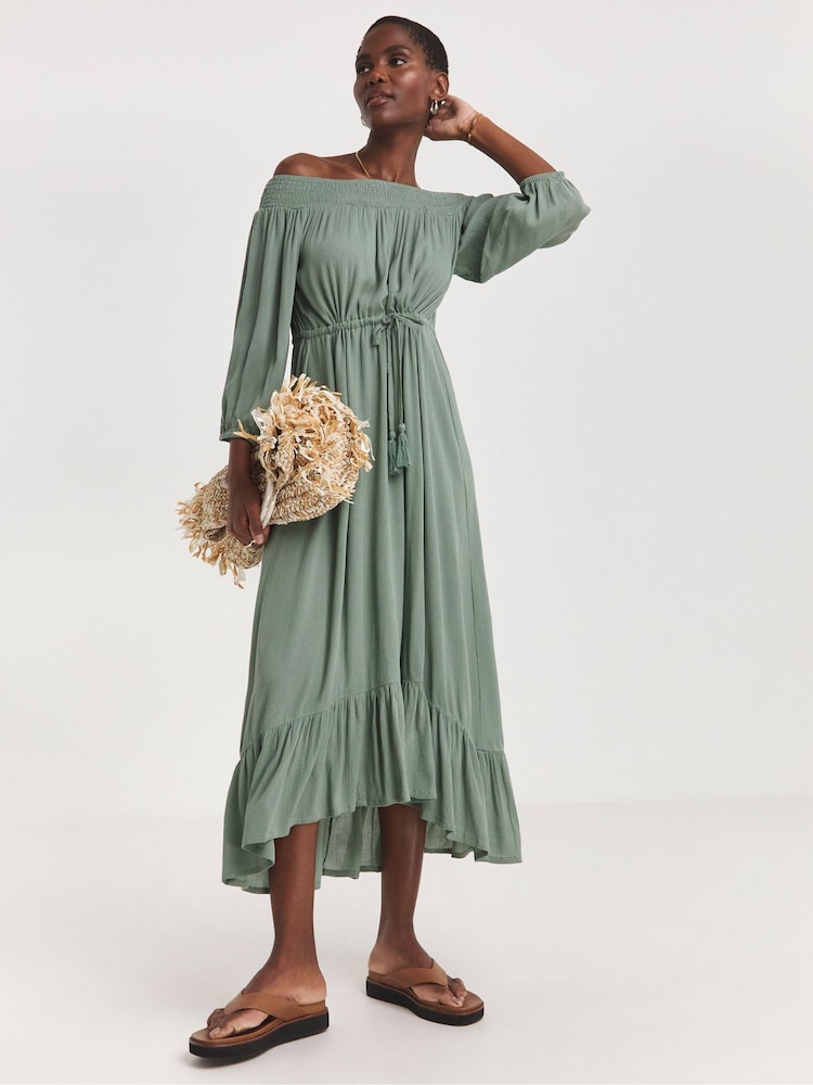 JD Williams Green Crinkle Bardot Midi Dress - Image 1 of 3