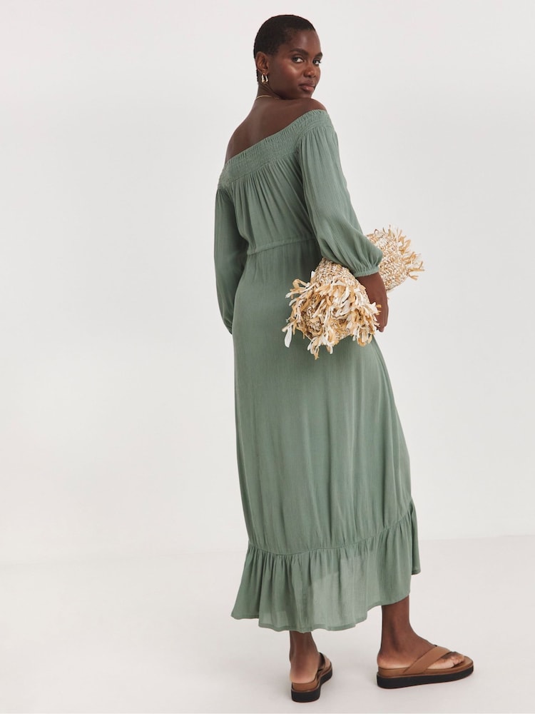 JD Williams Green Crinkle Bardot Midi Dress - Image 2 of 3