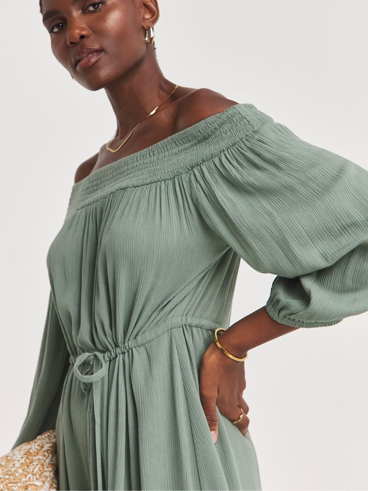 JD Williams Green Crinkle Bardot Midi Dress - Image 3 of 3