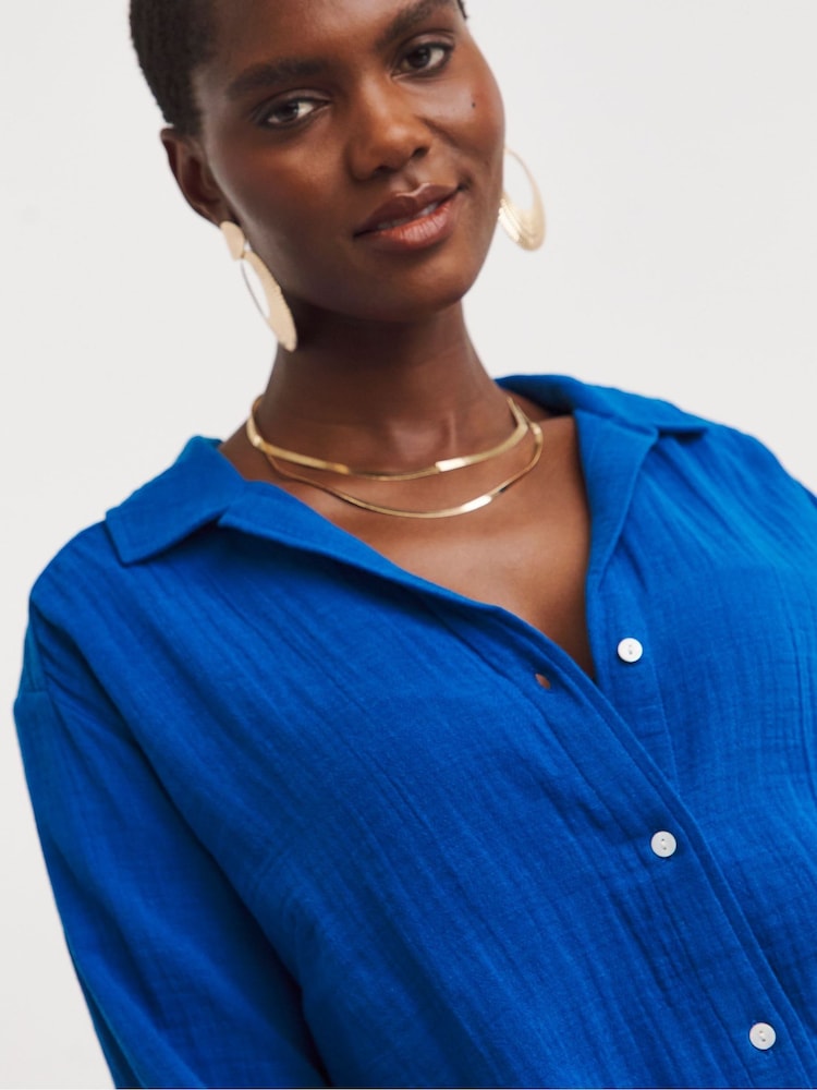 JD Williams Blue 100% Cotton Cheesecloth Shirt - Image 4 of 4