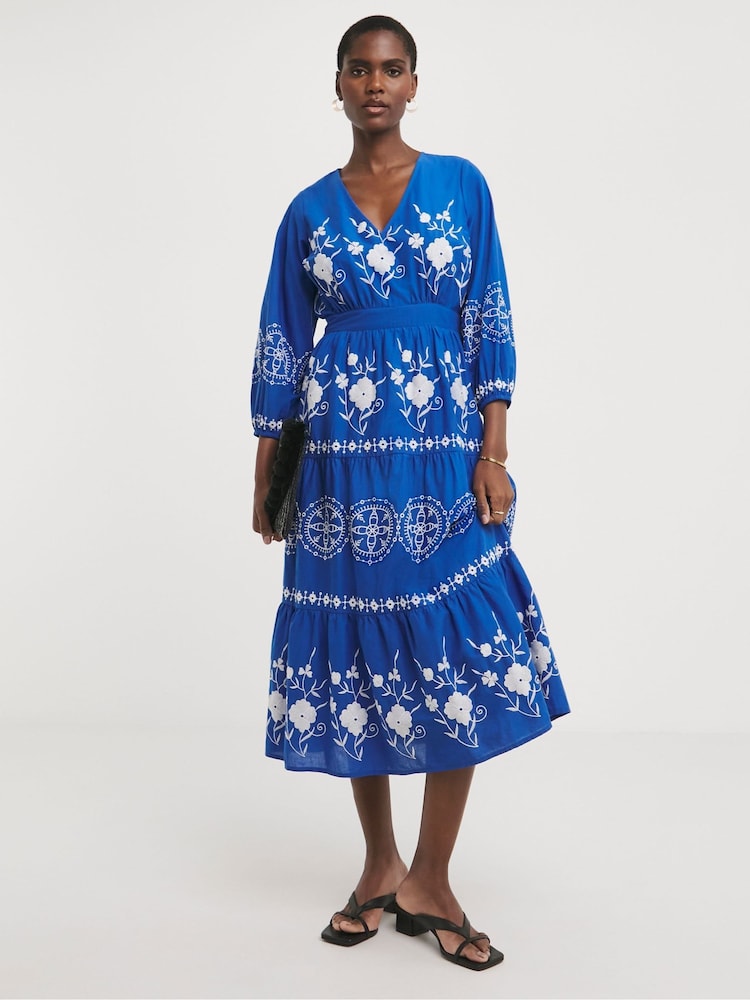 JD Williams Blue Embroidered Smock 100% Cotton Dress - Image 1 of 4