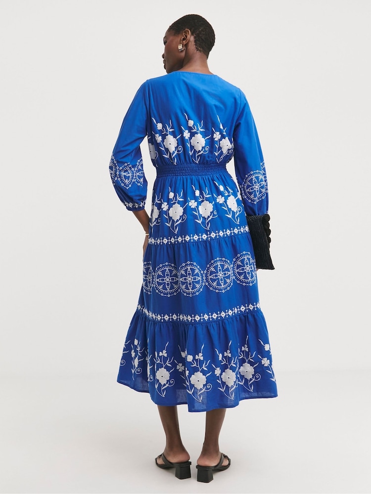 JD Williams Blue Embroidered Smock 100% Cotton Dress - Image 2 of 4