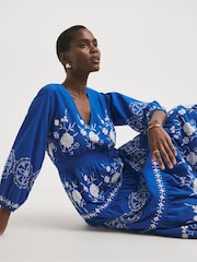 JD Williams Blue Embroidered Smock 100% Cotton Dress - Image 3 of 4