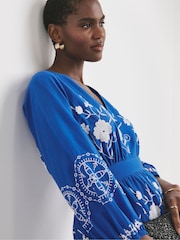 JD Williams Blue Embroidered Smock 100% Cotton Dress - Image 4 of 4