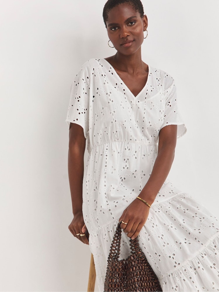 JD Williams White Broderie Smock 100% Cotton Dress - Image 2 of 4