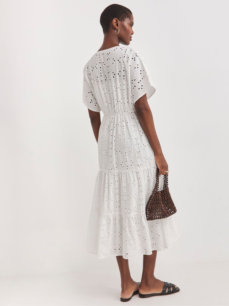JD Williams White Broderie Smock 100% Cotton Dress - Image 3 of 4
