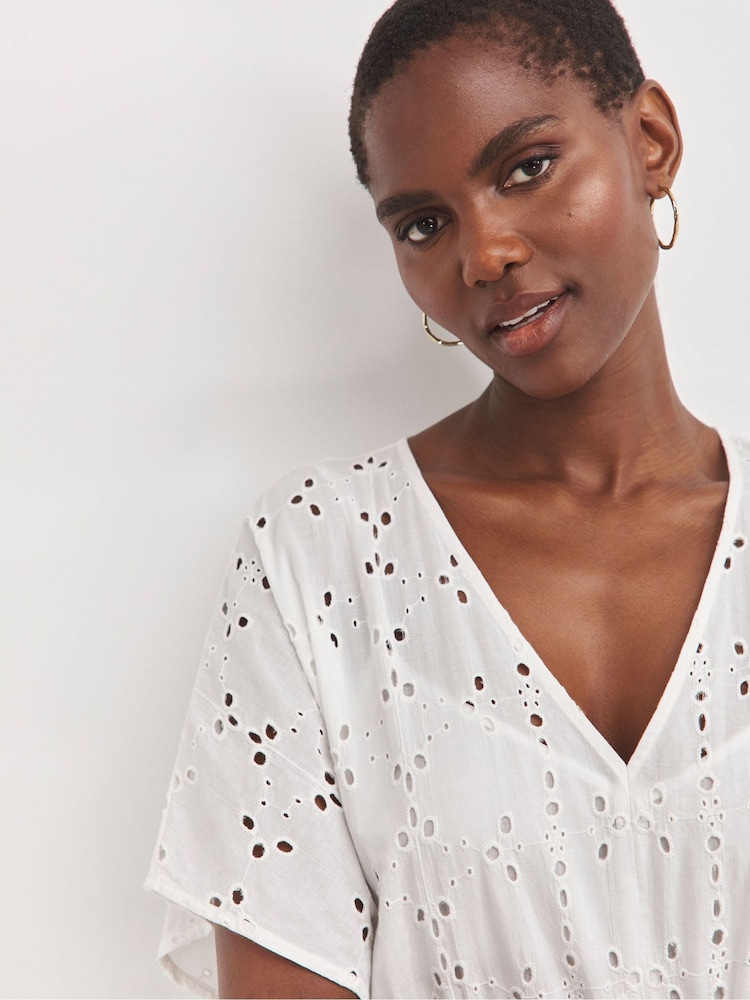 JD Williams White Broderie Smock 100% Cotton Dress - Image 4 of 4