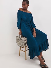 JD Williams Blue Crinkle Bardot Midi Dress - Image 2 of 3