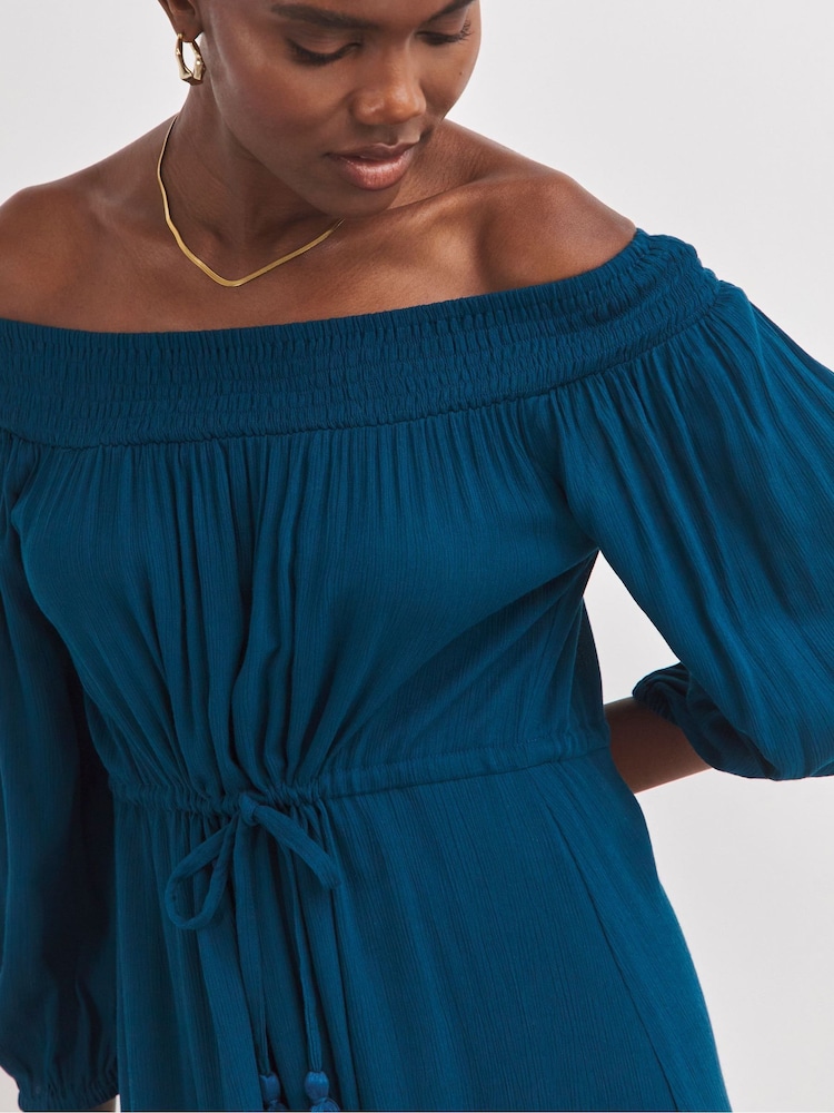 JD Williams Blue Crinkle Bardot Midi Dress - Image 3 of 3