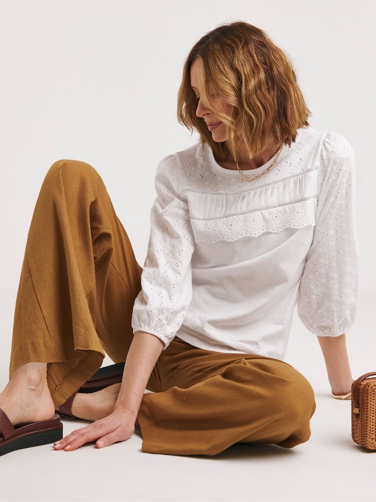 JD Williams White 100% Cotton Broderie 3/4 Sleeve Top - Image 1 of 4 JD Williams White 100% Cotton Broderie 3/4 Sleeve Top - Image 1 of 4