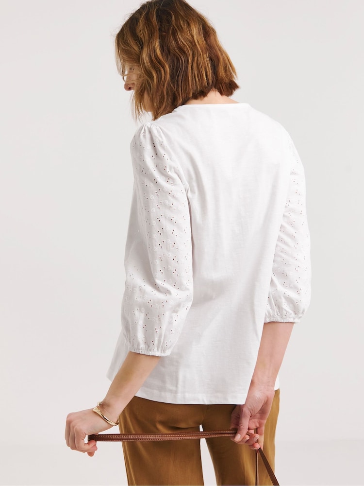 JD Williams White 100% Cotton Broderie 3/4 Sleeve Top - Image 2 of 4 JD Williams White 100% Cotton Broderie 3/4 Sleeve Top - Image 2 of 4