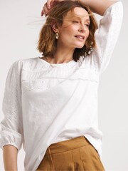 JD Williams White 100% Cotton Broderie 3/4 Sleeve Top - Image 3 of 4