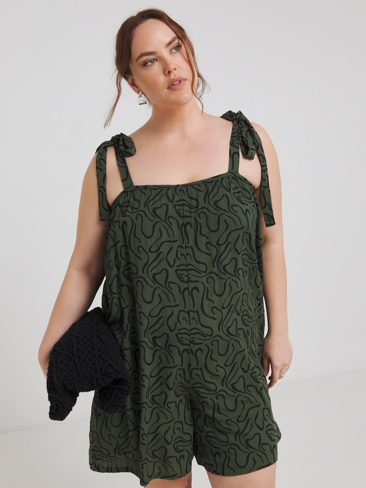 Simply Be Green Crinkle Tie Strap Playsuit - Image 1 of 4