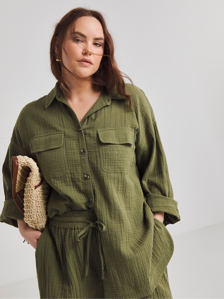 Simply Be Green 100% Cotton Oversized Cheesecloth Double Pocket Shirt - Image 1 of 4