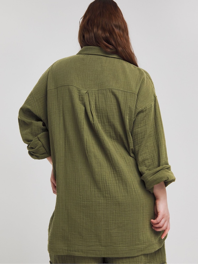 Simply Be Green 100% Cotton Oversized Cheesecloth Double Pocket Shirt - Image 2 of 4