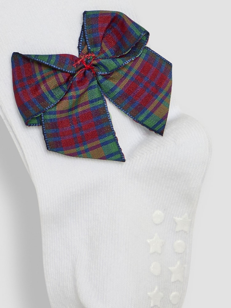 JoJo Maman Bébé White Tartan Cotton Rich Tight With Bows - Image 3 of 3