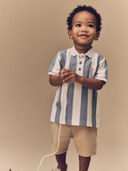 Blue/Tan Short Sleeve Textured Polo Shirt and Shorts Set (3mths-7yrs) - Image 1 of 4