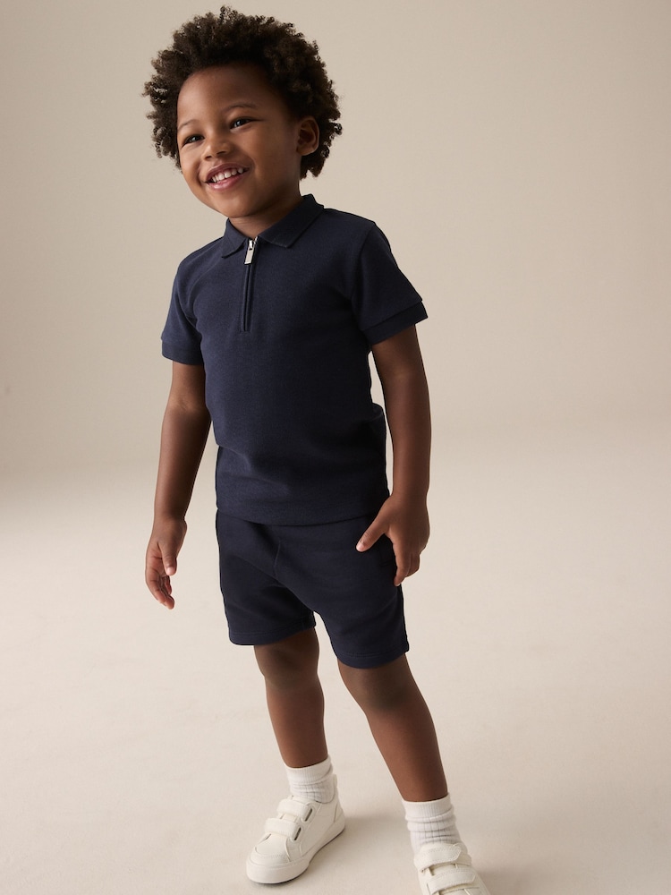Navy Textured Short Sleeve Zip Neck Polo And Shorts Set (3mths-7yrs) - Image 1 of 4