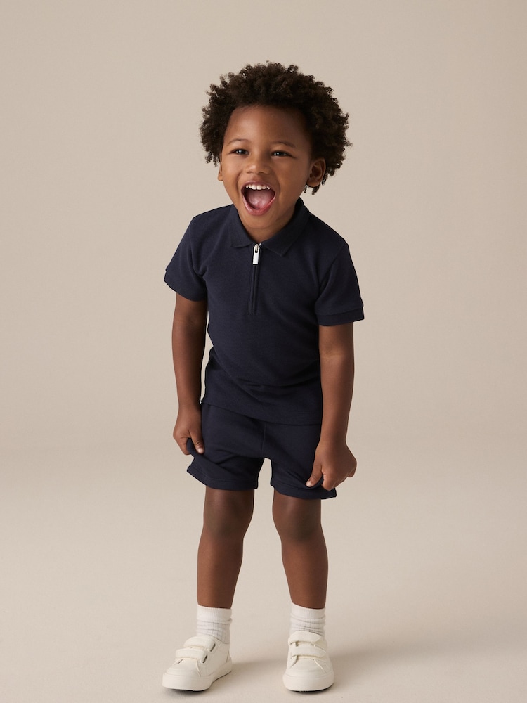 Navy Textured Short Sleeve Zip Neck Polo And Shorts Set (3mths-7yrs) - Image 2 of 4