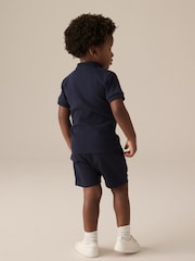 Navy Textured Short Sleeve Zip Neck Polo And Shorts Set (3mths-7yrs) - Image 3 of 4