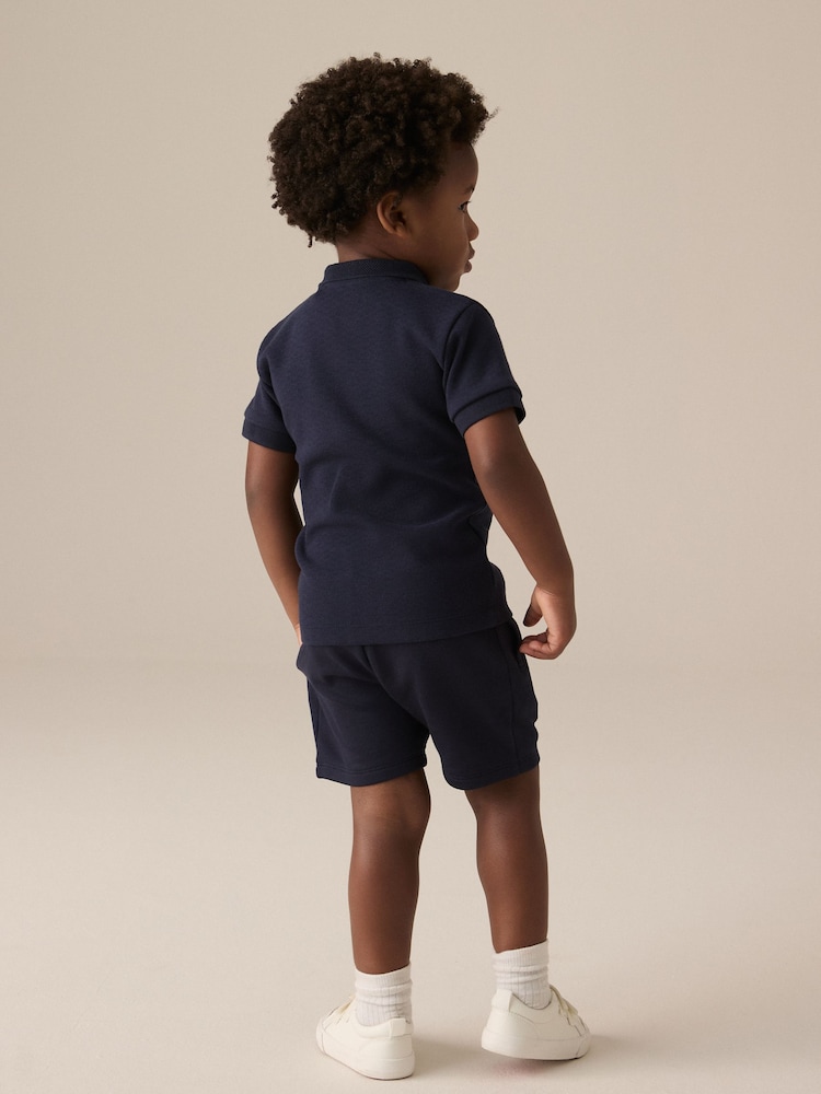 Navy Textured Short Sleeve Zip Neck Polo And Shorts Set (3mths-7yrs) - Image 3 of 4