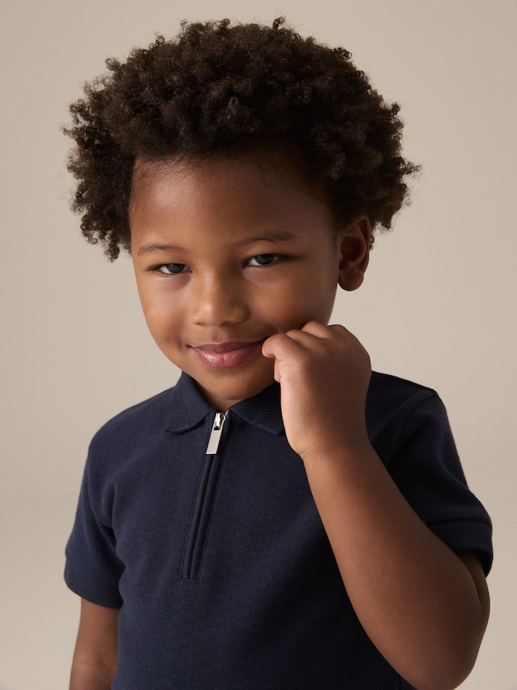 Navy Textured Short Sleeve Zip Neck Polo And Shorts Set (3mths-7yrs) - Image 4 of 4
