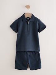 Navy Textured Short Sleeve Zip Neck Polo Shirt And Shorts Set (3mths-7yrs) - Image 5 of 9