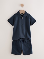 Navy Textured Short Sleeve Zip Neck Polo Shirt And Shorts Set (3mths-7yrs) - Image 6 of 9