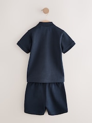 Navy Textured Short Sleeve Zip Neck Polo Shirt And Shorts Set (3mths-7yrs) - Image 7 of 9