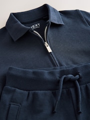 Navy Textured Short Sleeve Zip Neck Polo Shirt And Shorts Set (3mths-7yrs) - Image 9 of 9