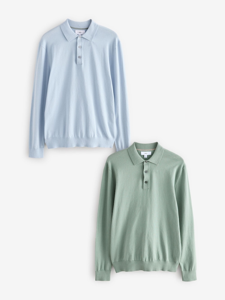 Light Blue/Sage Green - Knitted Long Sleeve Polo Shirts 2 Pack - Image 1 of 10 Light Blue/Sage Green - Knitted Long Sleeve Polo Shirts 2 Pack - Image 1 of 10