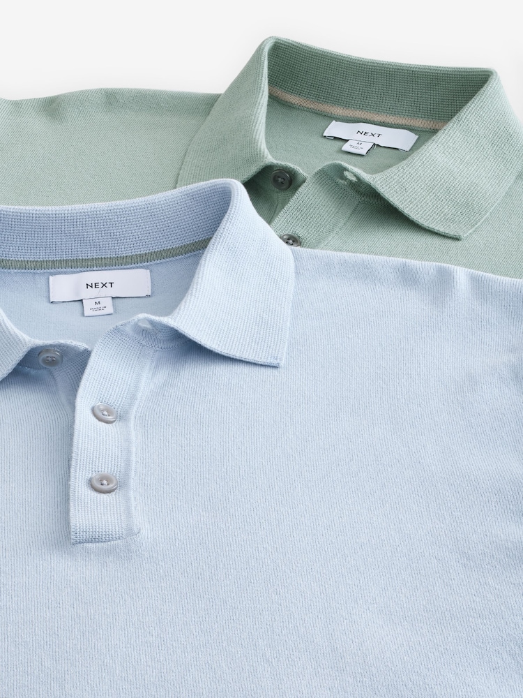 Light Blue/Sage Green - Knitted Long Sleeve Polo Shirts 2 Pack - Image 10 of 10 Light Blue/Sage Green - Knitted Long Sleeve Polo Shirts 2 Pack - Image 10 of 10